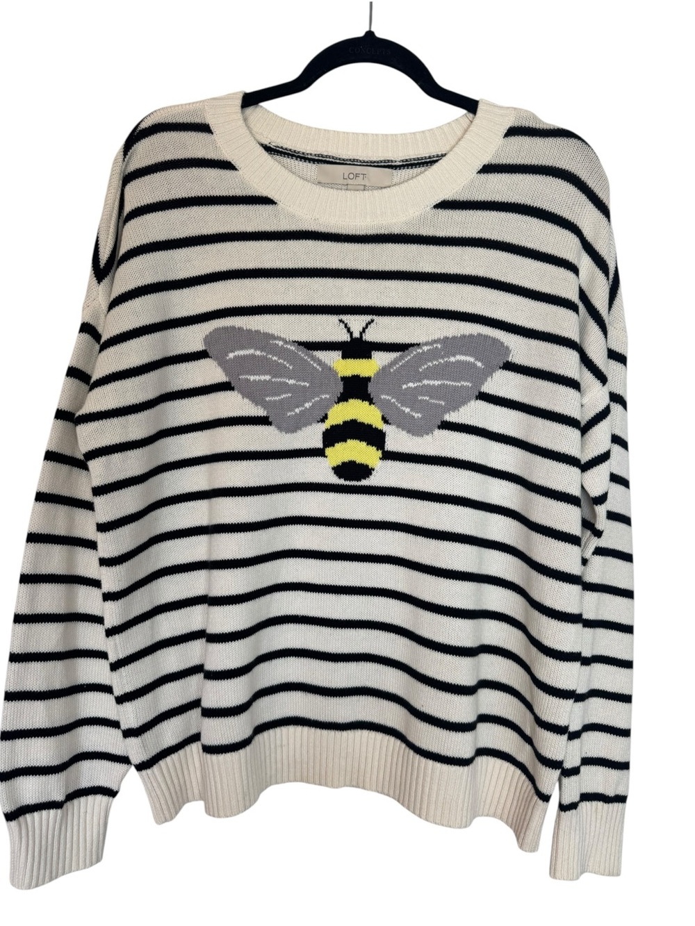 LOFT Cream & Black 100% Cotton Striped Large Sweater with Bee Motif
